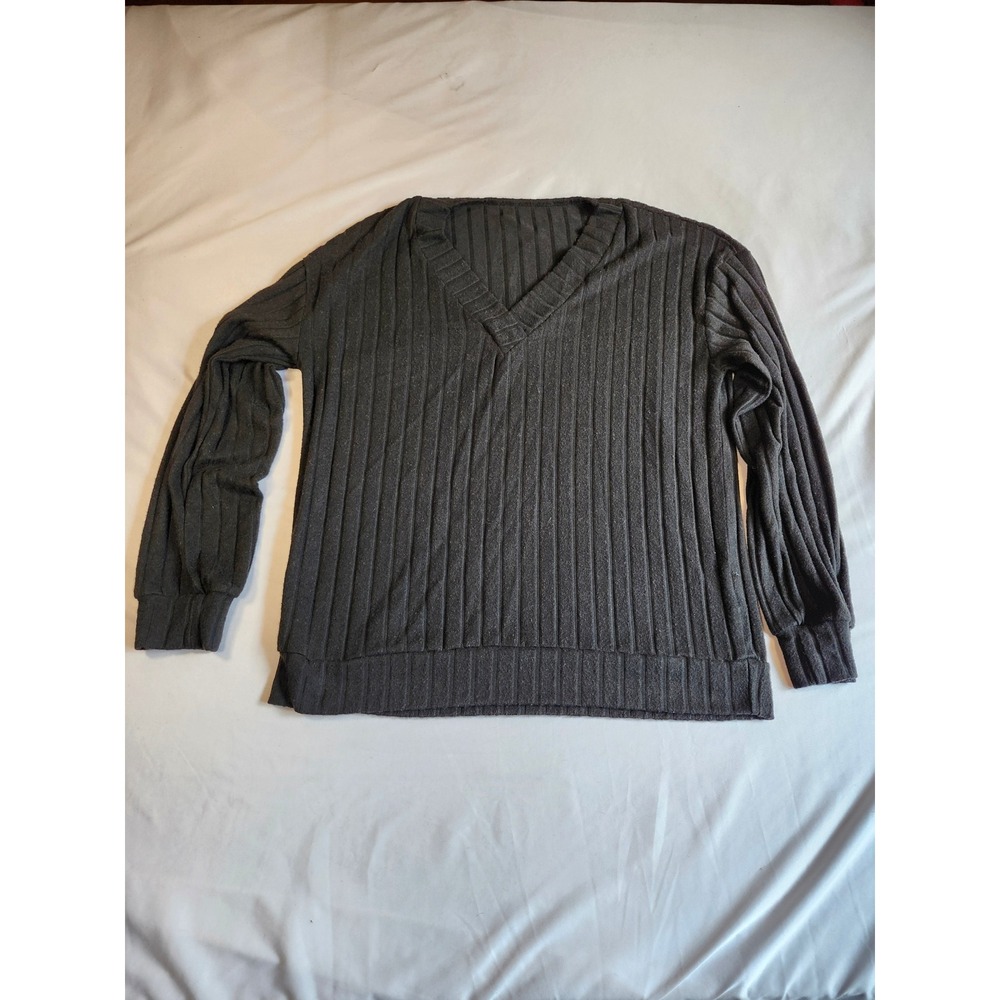 Unbranded Charcoal Grey‎ Ribbed Knit V-Neck Long Sleeve Sweater Medium